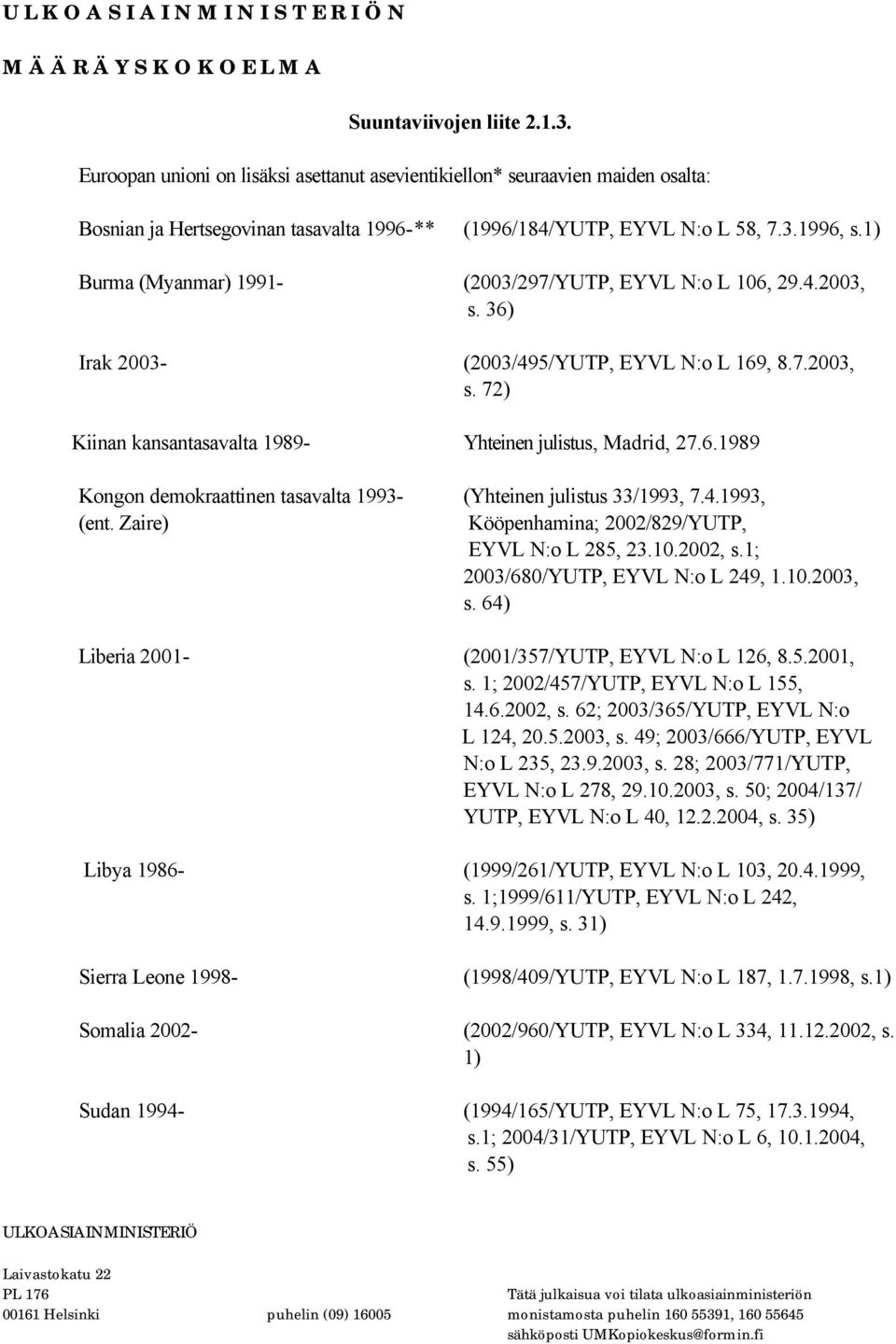 4.1993, (ent. Zaire) Kööpenhamina; 2002/829/YUTP, EYVL N:o L 285, 23.10.2002, s.1; 2003/680/YUTP, EYVL N:o L 249, 1.10.2003, s. 64) Liberia 2001- (2001/357/YUTP, EYVL N:o L 126, 8.5.2001, s.