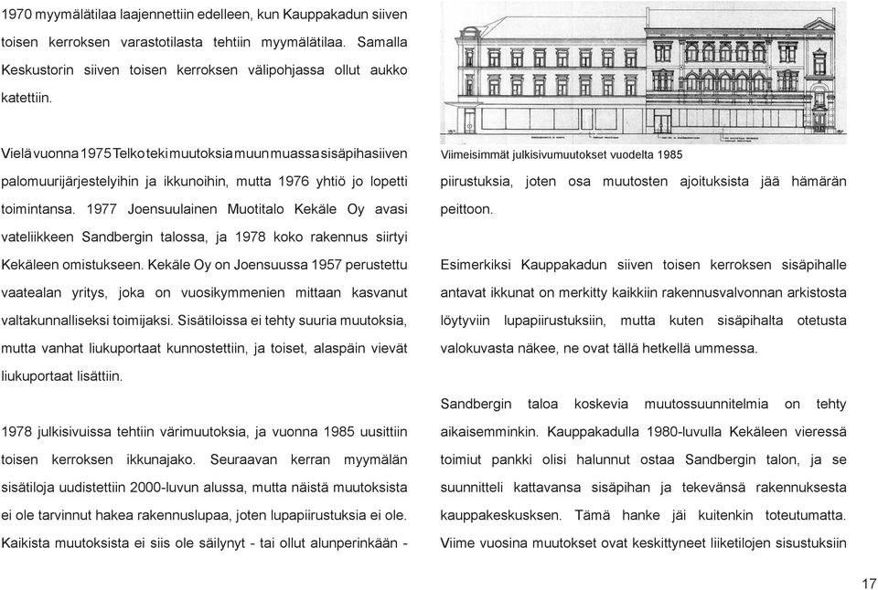 1977 Joensuulainen Muotitalo Kekäle Oy avasi Viimeisimmät julkisivumuutokset vuodelta 1985 piirustuksia, joten osa muutosten ajoituksista jää hämärän peittoon.