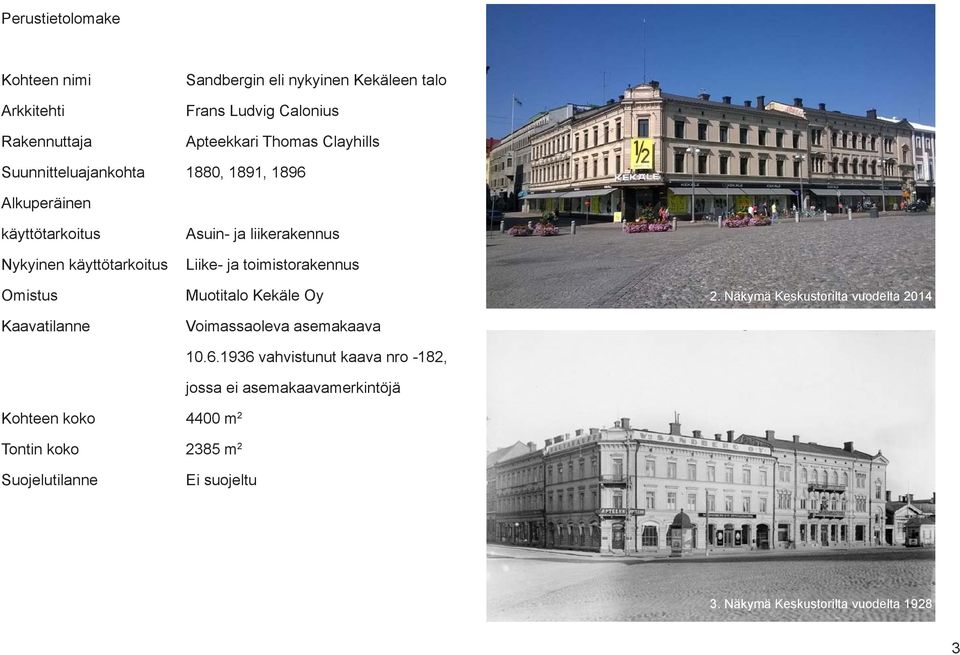 Liike- ja toimistorakennus Muotitalo Kekäle Oy Voimassaoleva asemakaava 10.6.1936 vahvistunut kaava nro -182, jossa ei asemakaavamerkintöjä 2.