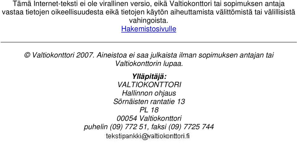 Hakemistosivulle Valtiokonttori 2007.