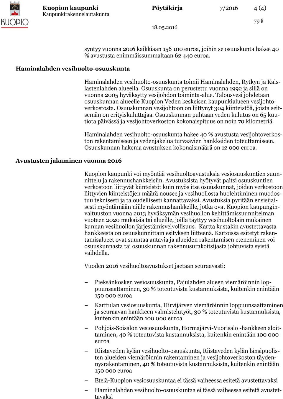 Osuuskunta on perustettu vuonna 1992 ja sillä on vuonna 2005 hyväksytty vesijohdon toiminta-alue. Talousvesi johdetaan osuuskunnan alueelle Kuopion Veden keskeisen kaupunkialueen vesijohtoverkostosta.