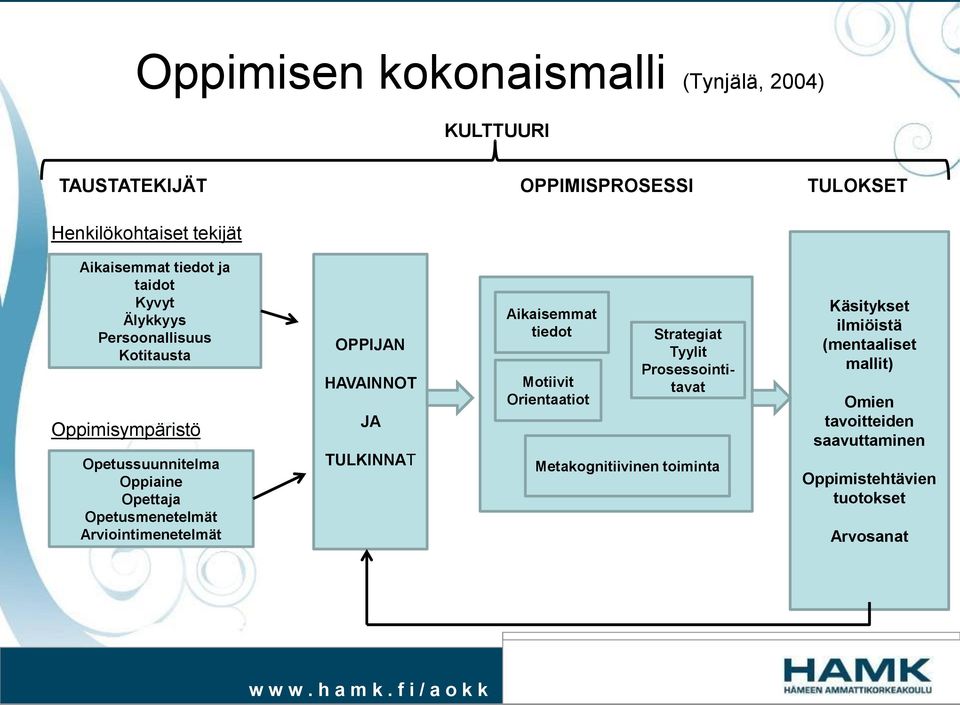 Arviointimenetelmät OPPIJAN HAVAINNOT JA TULKINNAT Aikaisemmat tiedot Motiivit Orientaatiot Strategiat Tyylit Prosessointitavat