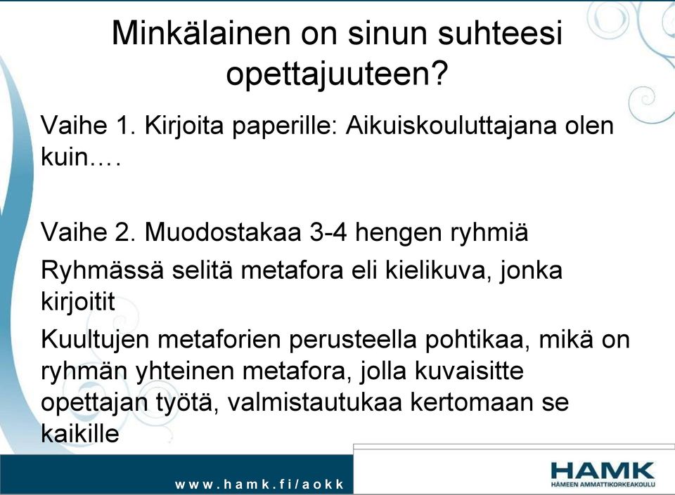 Muodostakaa 3-4 hengen ryhmiä Ryhmässä selitä metafora eli kielikuva, jonka kirjoitit