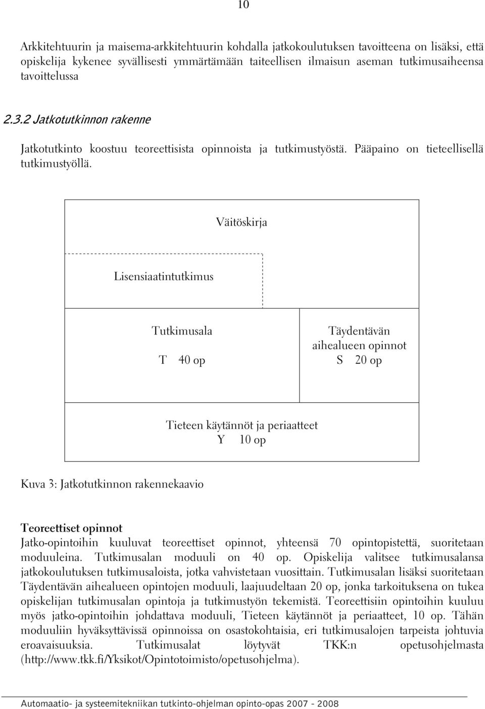 Väitöskirja Lisensiaatintutkimus Tutkimusala T 40 op Täydentävän aihealueen opinnot S 20 op Tieteen käytännöt ja periaatteet Y 10 op Kuva 3: Jatkotutkinnon rakennekaavio Teoreettiset opinnot