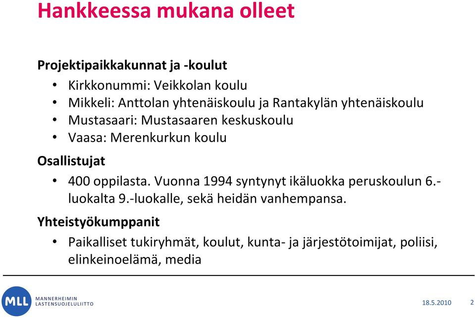 Osallistujat 400 oppilasta. Vuonna 1994 syntynyt ikäluokka peruskoulun 6.- luokalta 9.