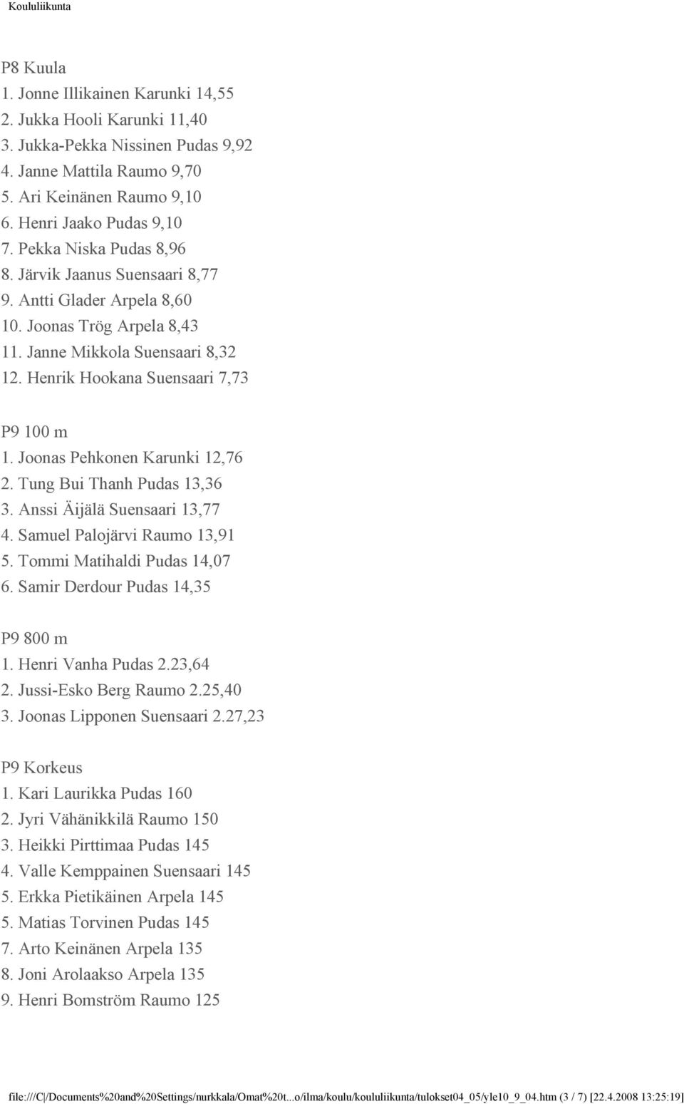 Joonas Pehkonen Karunki 12,76 2. Tung Bui Thanh Pudas 13,36 3. Anssi Äijälä Suensaari 13,77 4. Samuel Palojärvi Raumo 13,91 5. Tommi Matihaldi Pudas 14,07 6. Samir Derdour Pudas 14,35 P9 800 m 1.