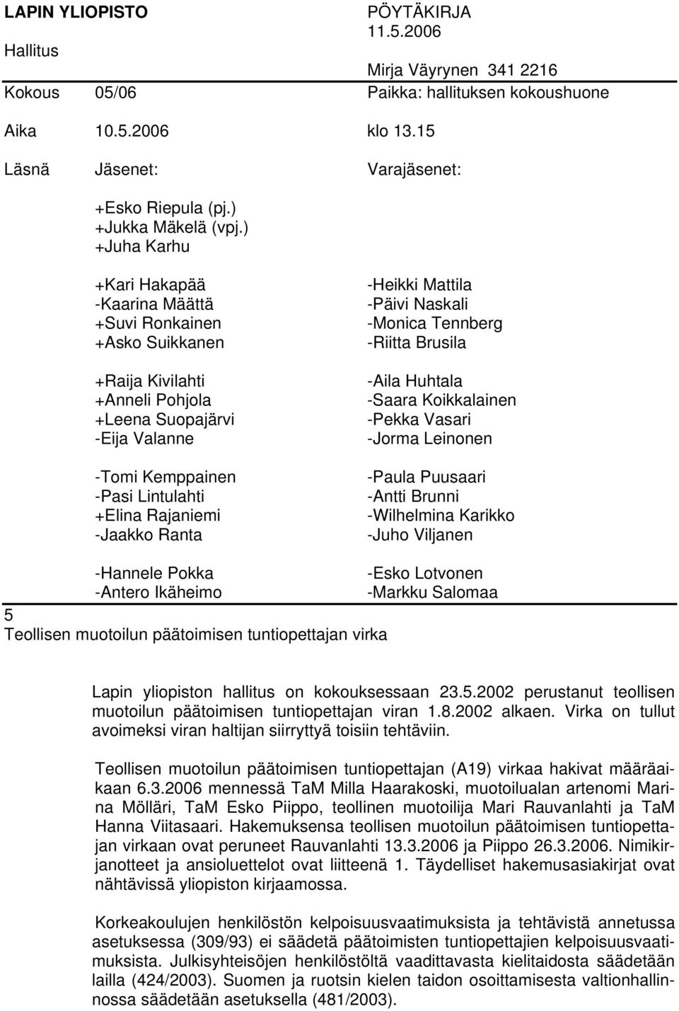 2006 mennessä TaM Milla Haarakoski, muotoilualan artenomi Marina Mölläri, TaM Esko Piippo, teollinen muotoilija Mari Rauvanlahti ja TaM Hanna Viitasaari.