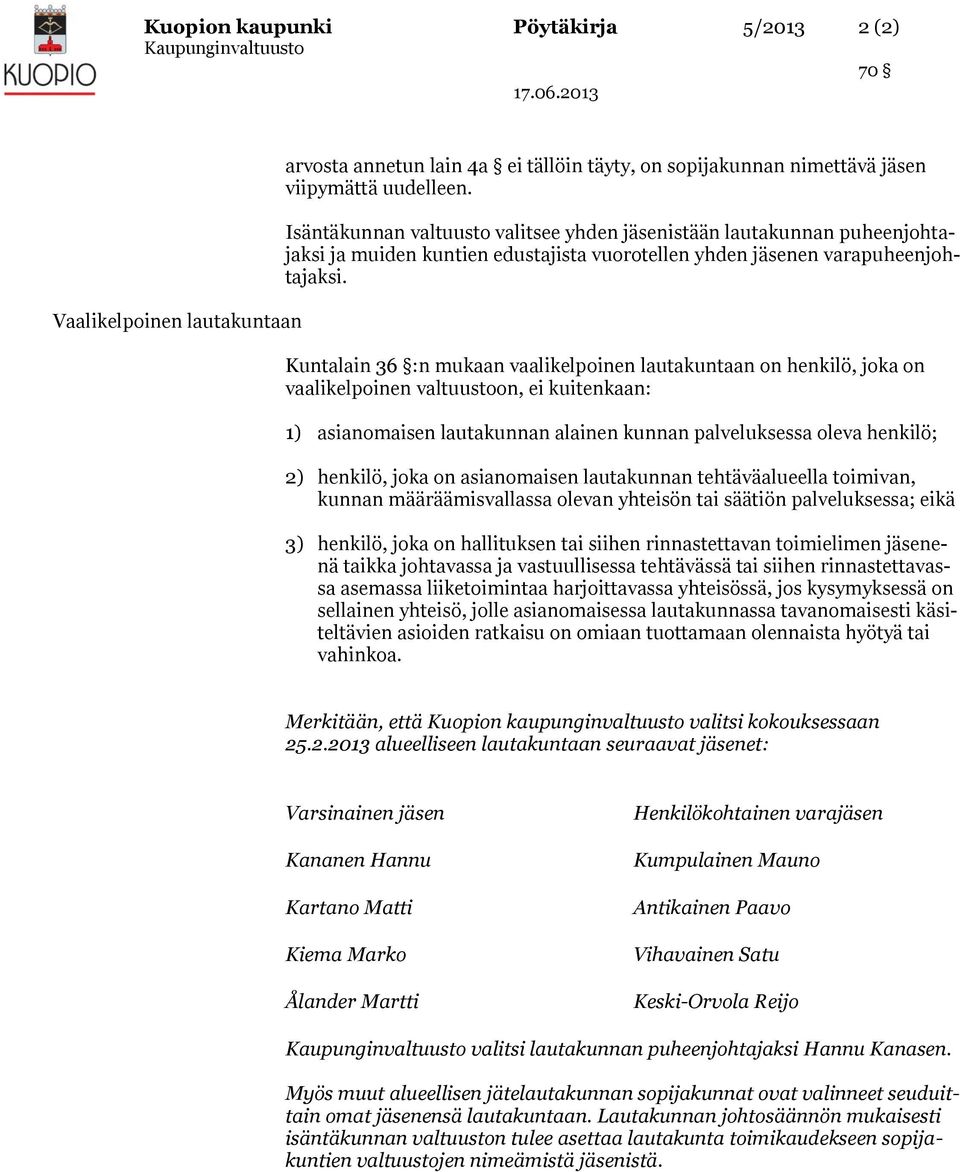 Kuntalain 36 :n mukaan vaalikelpoinen lautakuntaan on henkilö, joka on vaalikelpoinen valtuustoon, ei kuitenkaan: 1) asianomaisen lautakunnan alainen kunnan palveluksessa oleva henkilö; 2) henkilö,