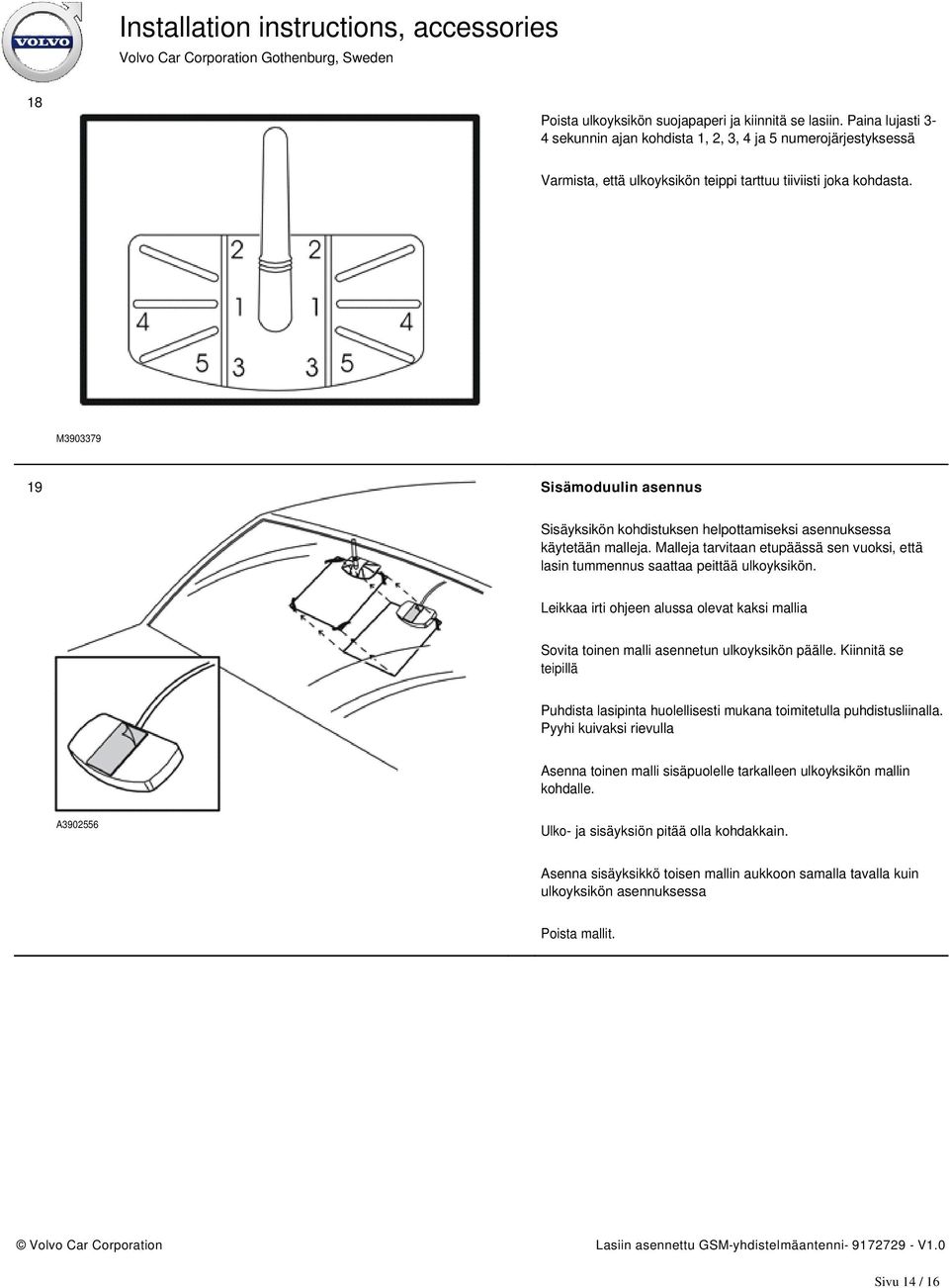 M3903379 19 Sisämoduulin asennus Sisäyksikön kohdistuksen helpottamiseksi asennuksessa käytetään malleja. Malleja tarvitaan etupäässä sen vuoksi, että lasin tummennus saattaa peittää ulkoyksikön.