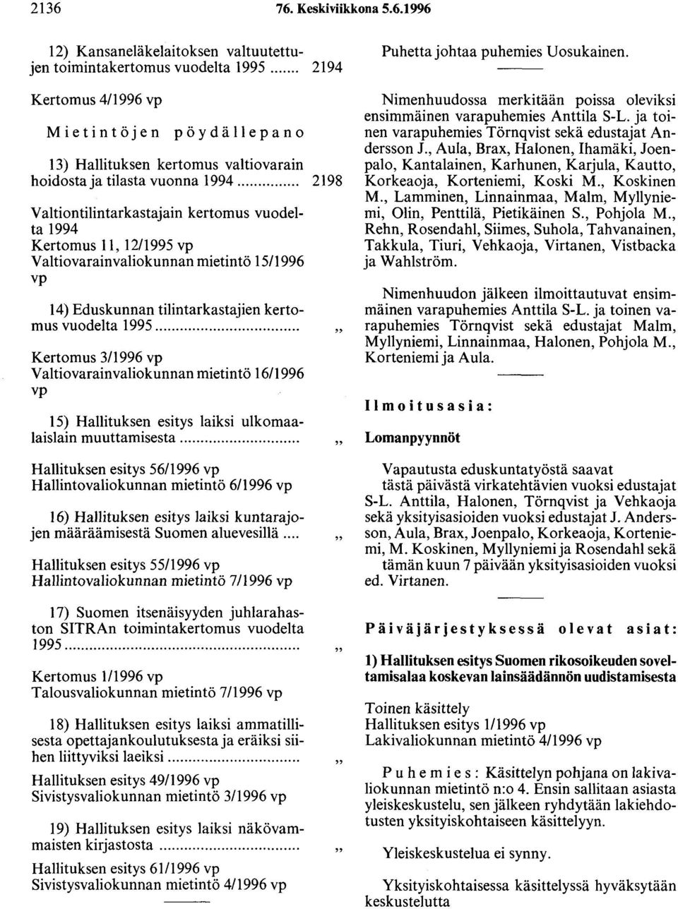 .. 2198 Valtiontilintarkastajain kertomus vuodelta 1994 Kertomus 11, 12/1995 vp Valtiovarainvaliokunnan mietintö 15/1996 vp 14) Eduskunnan tilintarkastajien kertomus vuodelta 1995.