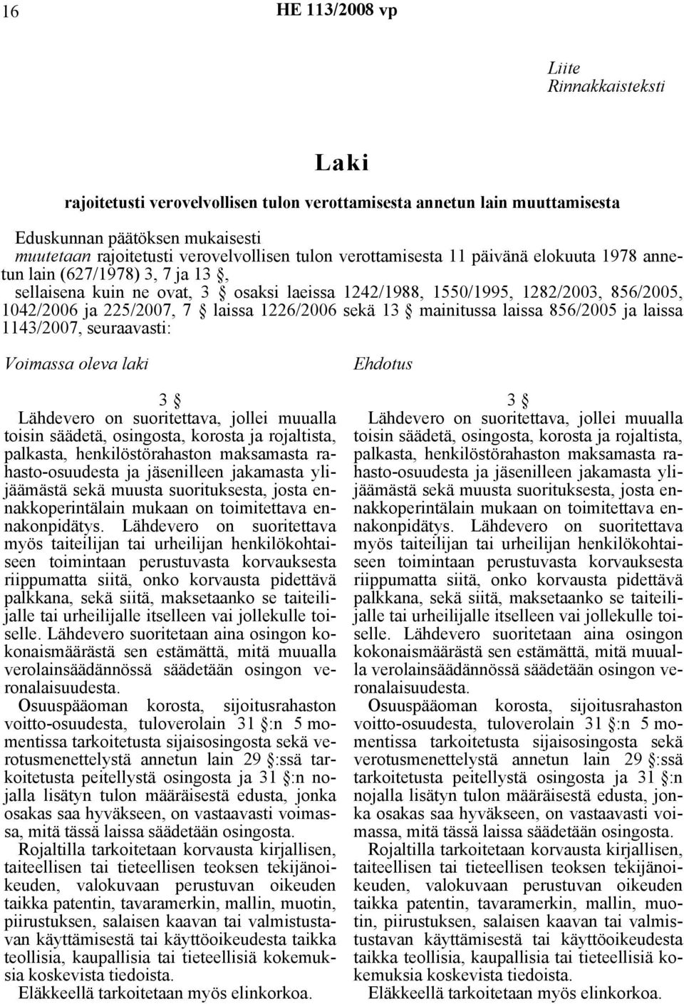 mainitussa laissa 856/2005 ja laissa 1143/2007, seuraavasti: Voimassa oleva laki 3 Lähdevero on suoritettava, jollei muualla toisin säädetä, osingosta, korosta ja rojaltista, palkasta,