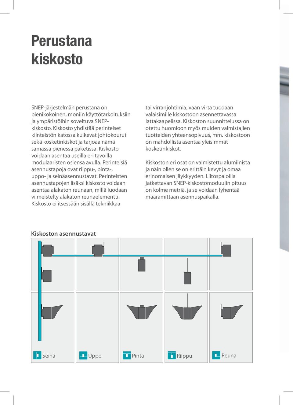 Kiskosto voidaan asentaa useilla eri tavoilla modulaaristen osiensa avulla. Perinteisiä asennustapoja ovat riippu-, pinta-, uppo- ja seinäasennustavat.