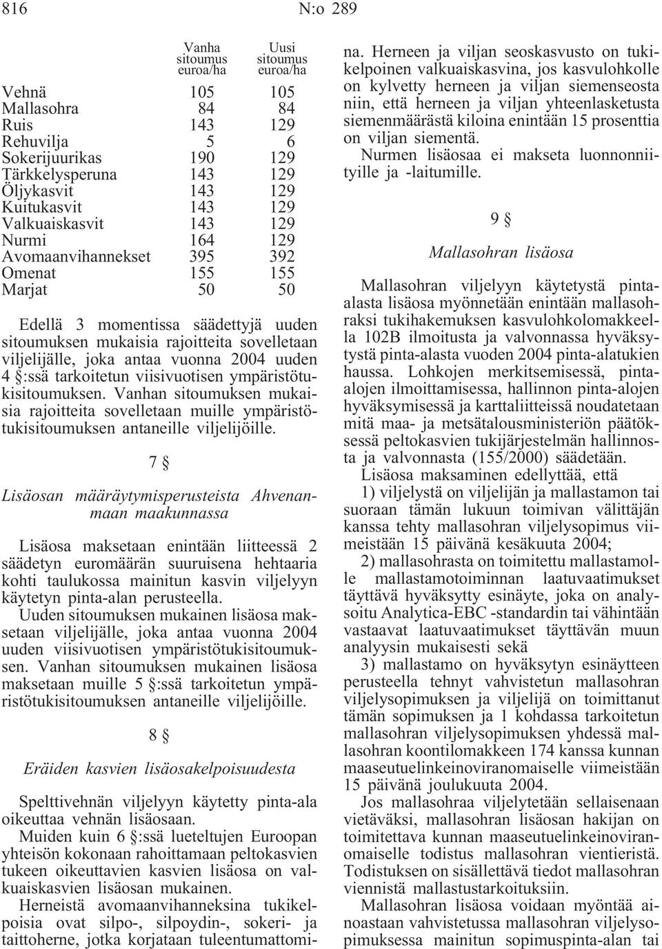 antaa vuonna 2004 uuden 4 :ssä tarkoitetun viisivuotisen ympäristötukisitoumuksen. Vanhan sitoumuksen mukaisia rajoitteita sovelletaan muille ympäristötukisitoumuksen antaneille viljelijöille.