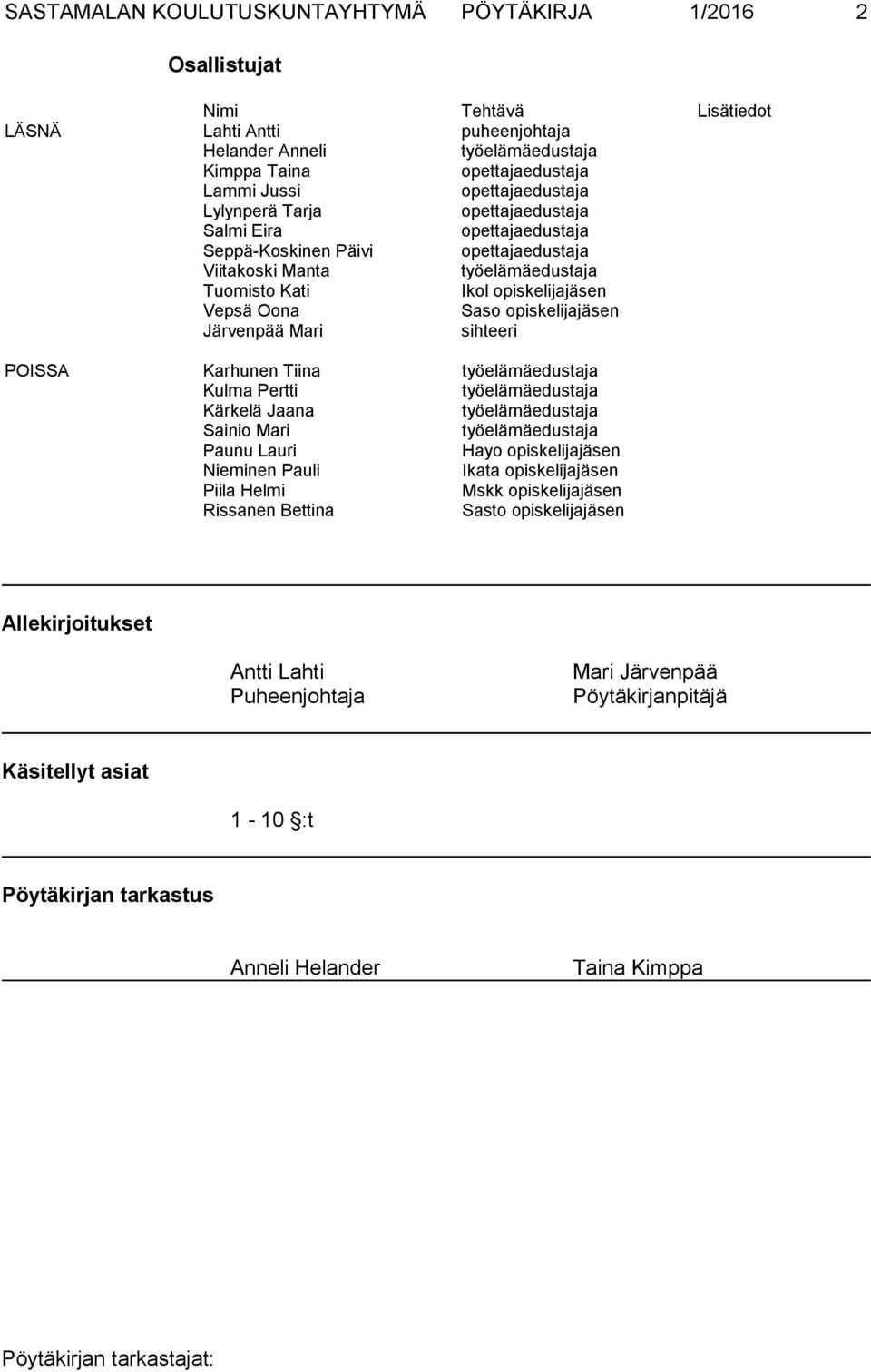 Saso opiskelijajäsen Järvenpää Mari sihteeri POISSA Karhunen Tiina työelämäedustaja Kulma Pertti työelämäedustaja Kärkelä Jaana työelämäedustaja Sainio Mari työelämäedustaja Paunu Lauri Hayo