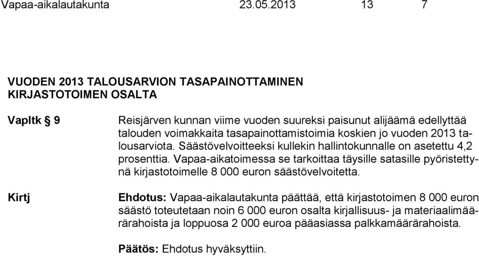 talouden voimakkaita tasapainottamistoimia koskien jo vuoden 2013 talousarviota. Säästövelvoitteeksi kullekin hallintokunnalle on asetettu 4,2 prosenttia.