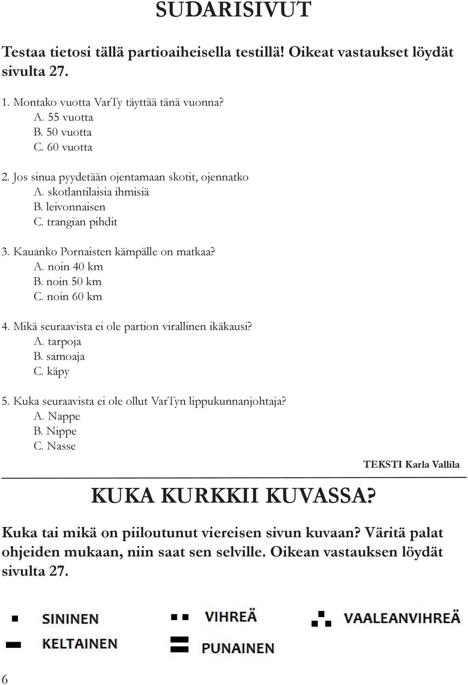 noin 60 km 4. Mikä seuraavista ei ole partion virallinen ikäkausi? A. tarpoja B. samoaja C. käpy 5. Kuka seuraavista ei ole ollut VarTyn lippukunnanjohtaja? A. Nappe B. Nippe C.
