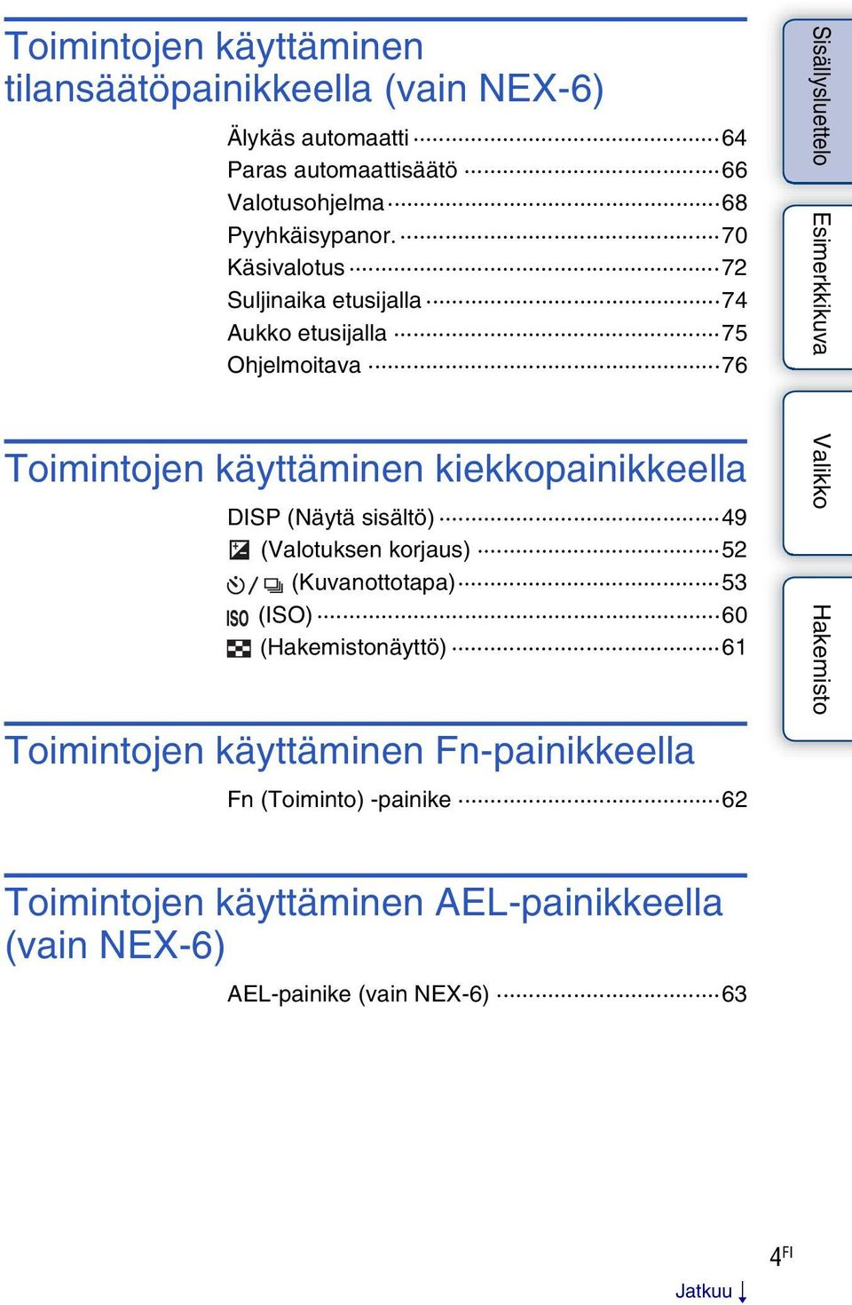 70 Käsivalotus 72 Suljinaika etusijalla 74 Aukko etusijalla 75 Ohjelmoitava 76 Toimintojen käyttäminen kiekkopainikkeella DISP