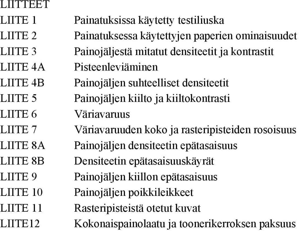 densiteetit Painojäljen kiilto ja kiiltokontrasti Väriavaruus Väriavaruuden koko ja rasteripisteiden rosoisuus Painojäljen densiteetin epätasaisuus
