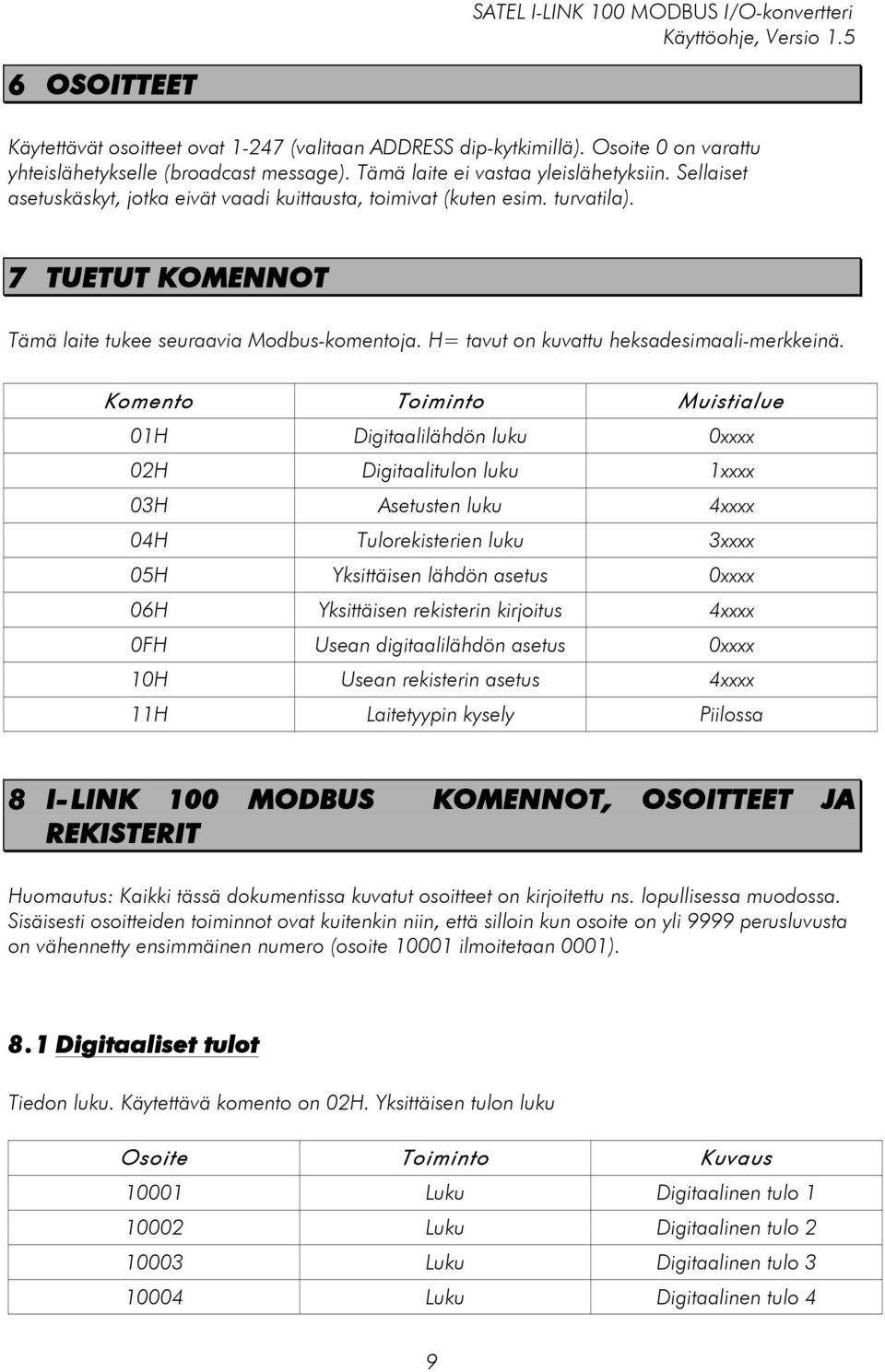 Komento Toiminto Muistialue 01H Digitaalilähdön luku 0xxxx 02H Digitaalitulon luku 1xxxx 03H Asetusten luku 4xxxx 04H Tulorekisterien luku 3xxxx 05H Yksittäisen lähdön asetus 0xxxx 06H Yksittäisen