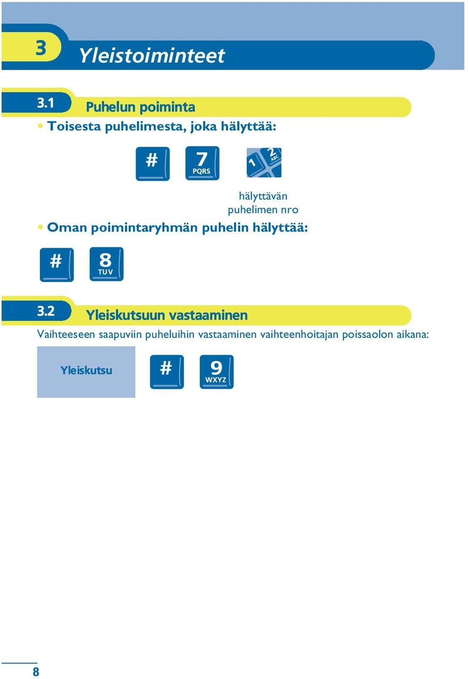 puhelimen nro Oman poimintaryhmän puhelin hälyttää: 3.