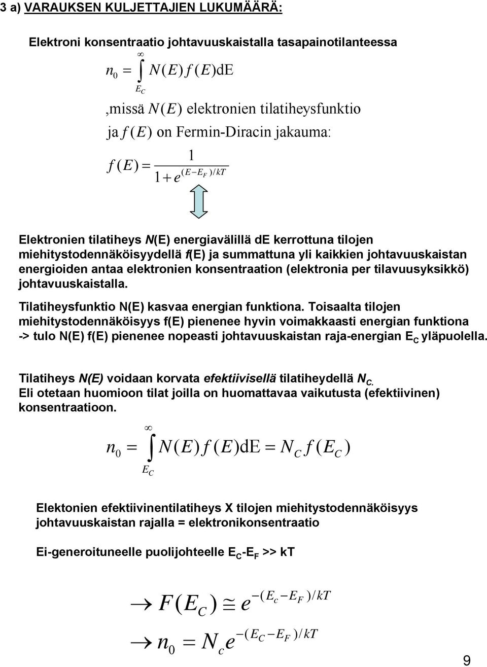 Tilatihysfuktio N() kasvaa rgia fuktioa. Toisaalta tiloj ihitystodäköisyys f() pi hyvi voiakkaasti rgia fuktioa -> tulo N() f() pi opasti johtavuuskaista raja-rgia C yläpuollla.
