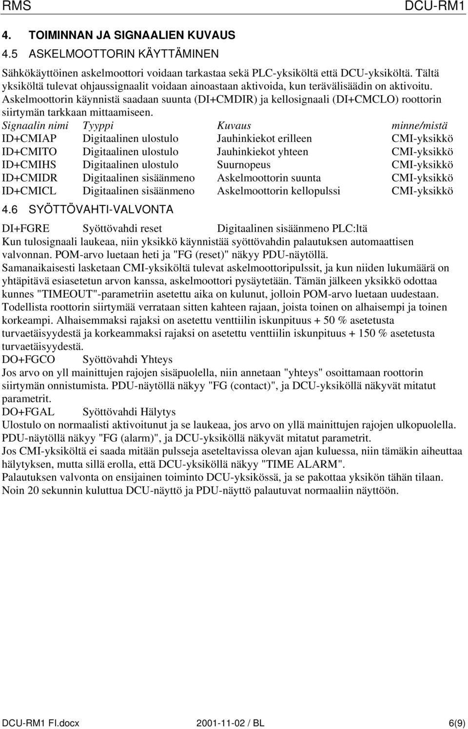 Askelmoottorin käynnistä saadaan suunta (DI+CMDIR) ja kellosignaali (DI+CMCLO) roottorin siirtymän tarkkaan mittaamiseen.