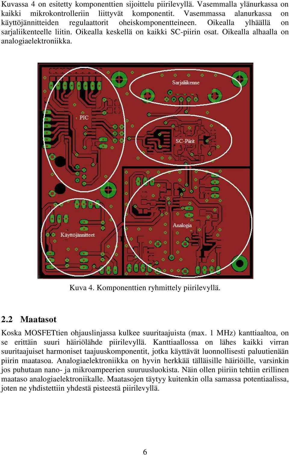 Oikealla alhaalla on analogiaelektroniikka. Kuva 4. Komponenttien ryhmittely piirilevyllä. 2.2 Maatasot Koska MOSFETtien ohjauslinjassa kulkee suuritaajuista (max.