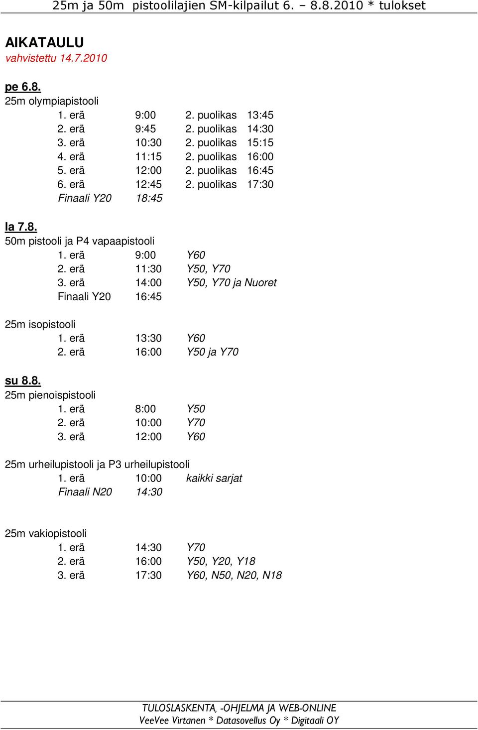 erä 11:30 Y50, Y70 3. erä 14:00 Y50, Y70 ja Nuoret Finaali Y20 16:45 25m isopistooli 1. erä 13:30 Y60 2. erä 16:00 Y50 ja Y70 su 8.8. 25m pienoispistooli 1. erä 8:00 Y50 2. erä 10:00 Y70 3.