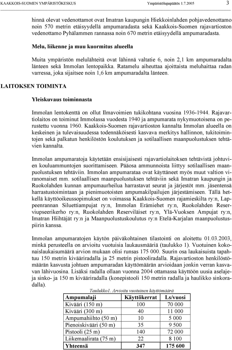 noin 670 metrin etäisyydellä ampumaradasta. Melu, liikenne ja muu kuormitus alueella Muita ympäristön melulähteitä ovat lähinnä valtatie 6, noin 2,1 km ampumaradalta länteen sekä Immolan lentopaikka.