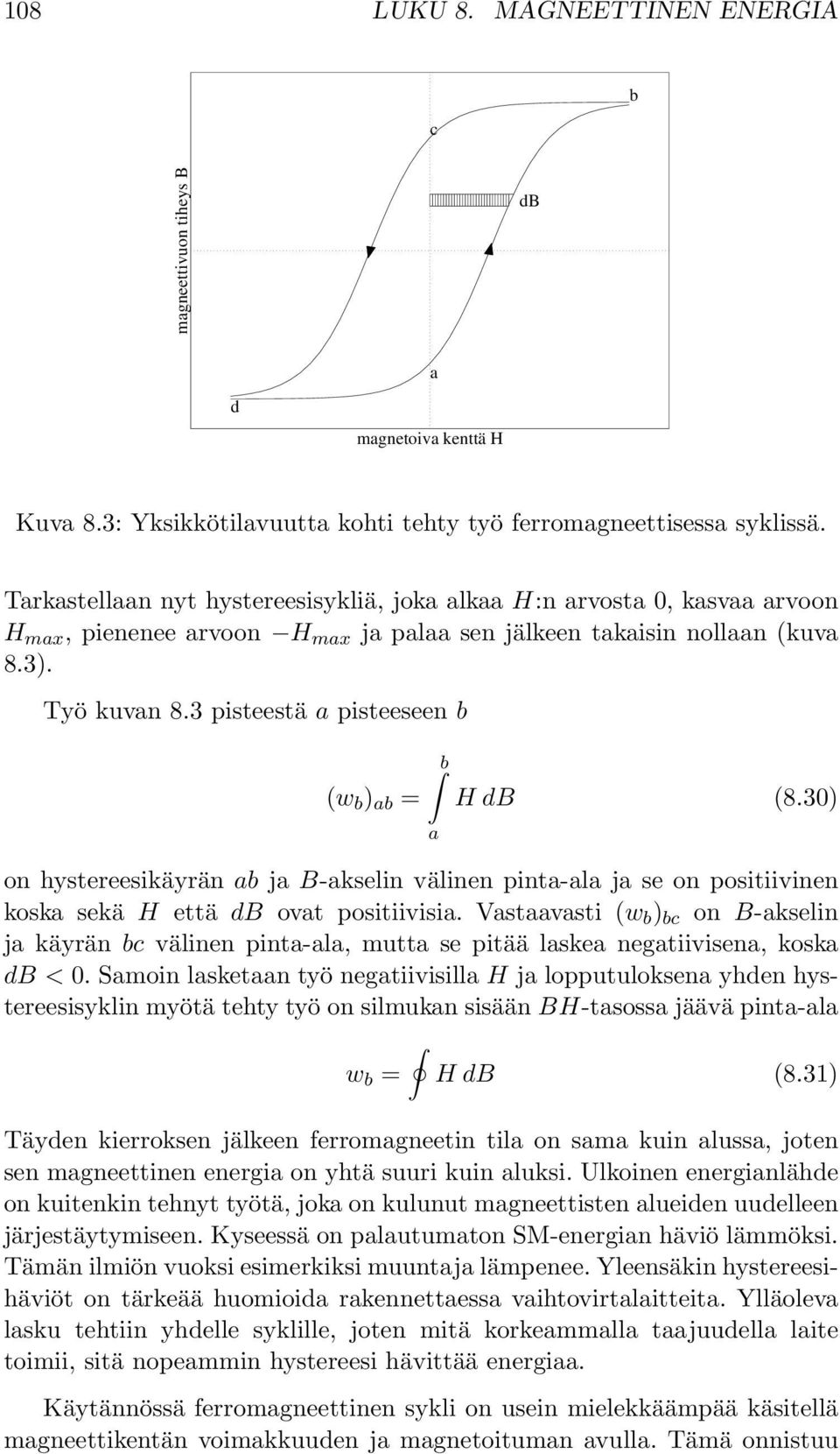 3 pisteestä a pisteeseen b (w b ) ab = b a HdB (8.3) on hystereesikäyrän ab ja B-akselin välinen pinta-ala ja se on positiivinen koska sekä H että db ovat positiivisia.