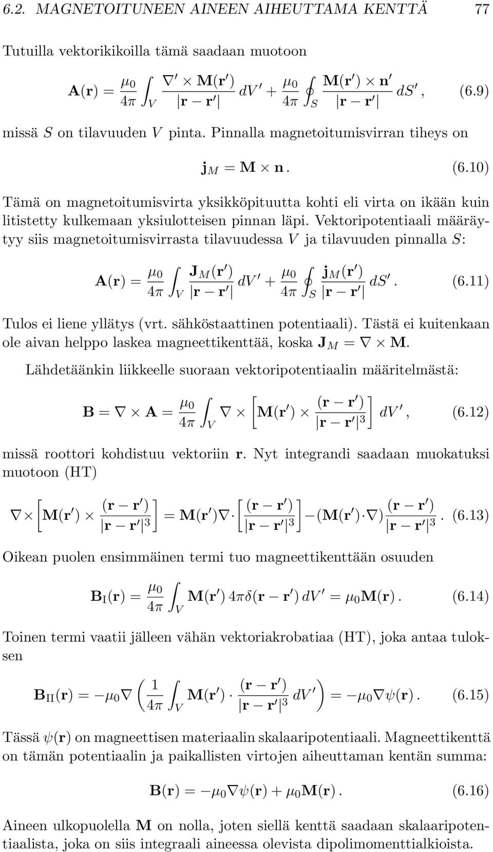 ektoripotentiaali määräytyy siis magnetoitumisvirrasta tilavuudessa ja tilavuuden pinnalla : A(r) = µ J M (r ) r r d + µ 4π j M (r ) r r d. (6.11) Tulos ei liene yllätys (vrt.