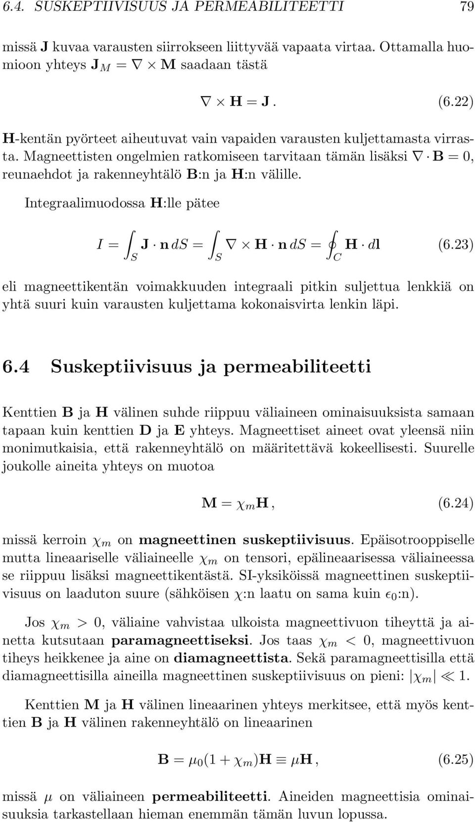 Integraalimuodossa H:lle pätee I = J n d = H n d = C H dl (6.23) eli magneettikentän voimakkuuden integraali pitkin suljettua lenkkiä on yhtä suuri kuin varausten kuljettama kokonaisvirta lenkin läpi.