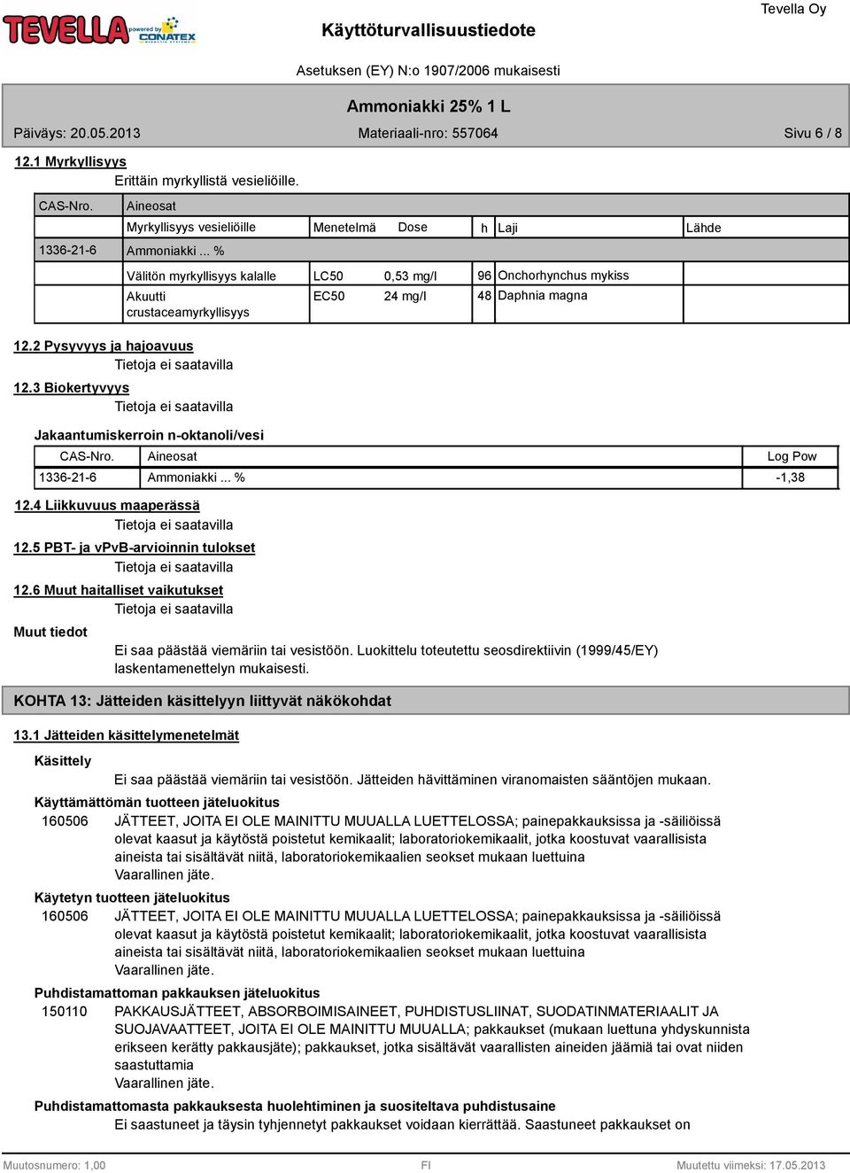 3 Biokertyvyys Jakaantumiskerroin n-oktanoli/vesi CAS-Nro. Aineosat 1336-21-6 Ammoniakki... % -1,3 12.4 Liikkuvuus maaperässä 12.5 PBT- ja vpvb-arvioinnin tulokset 12.