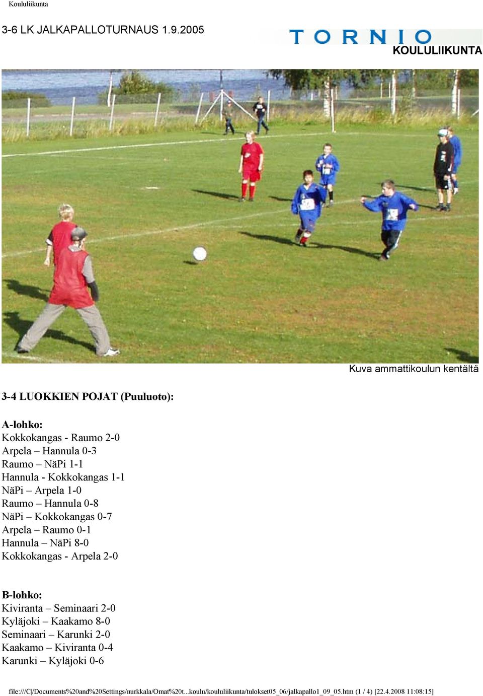 1-1 Hannula - Kokkokangas 1-1 NäPi Arpela 1-0 Raumo Hannula 0-8 NäPi Kokkokangas 0-7 Arpela Raumo 0-1 Hannula NäPi 8-0 Kokkokangas - Arpela 2-0