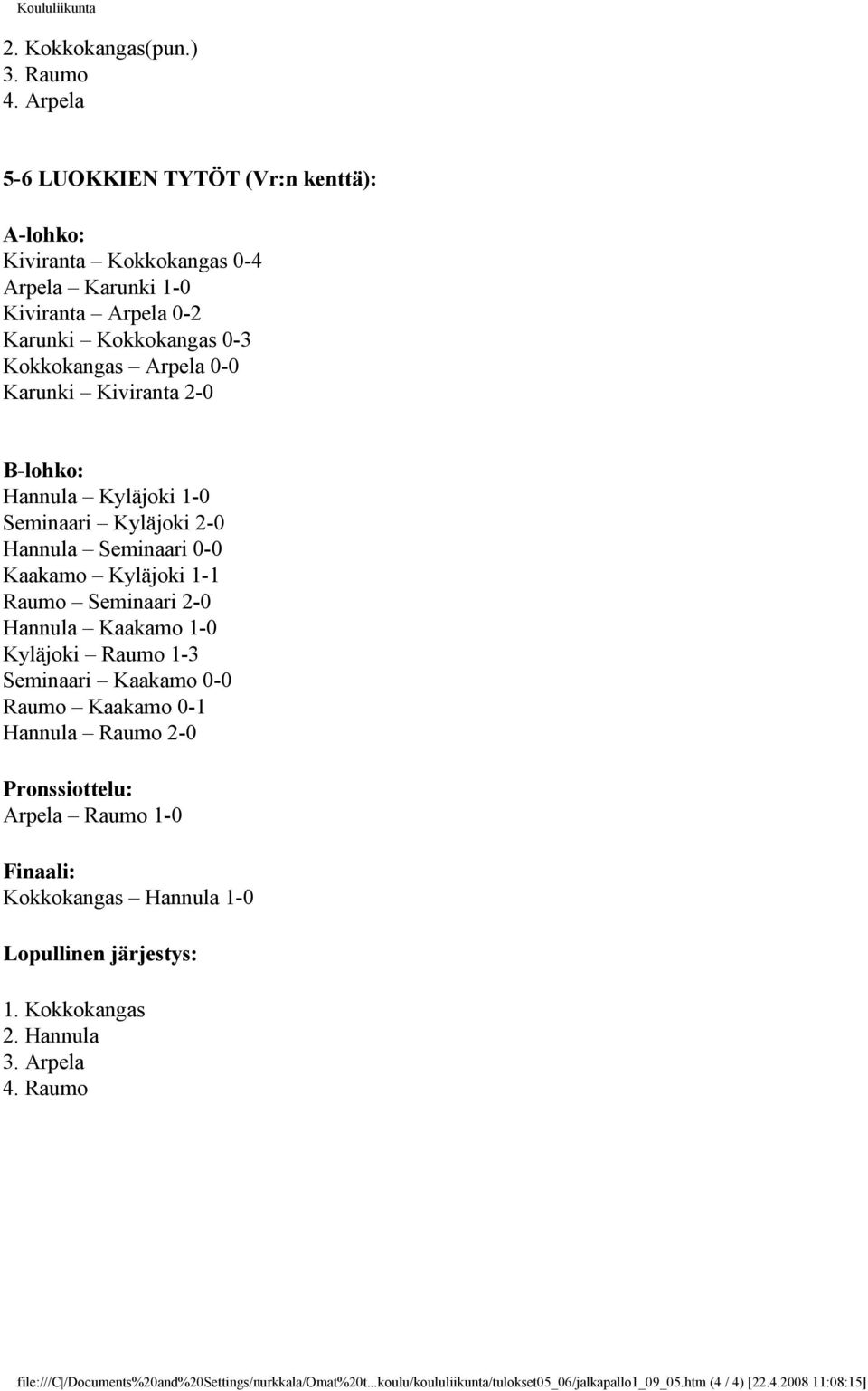 Kiviranta 2-0 B-lohko: Hannula Kyläjoki 1-0 Seminaari Kyläjoki 2-0 Hannula Seminaari 0-0 Kaakamo Kyläjoki 1-1 Raumo Seminaari 2-0 Hannula Kaakamo 1-0 Kyläjoki Raumo 1-3