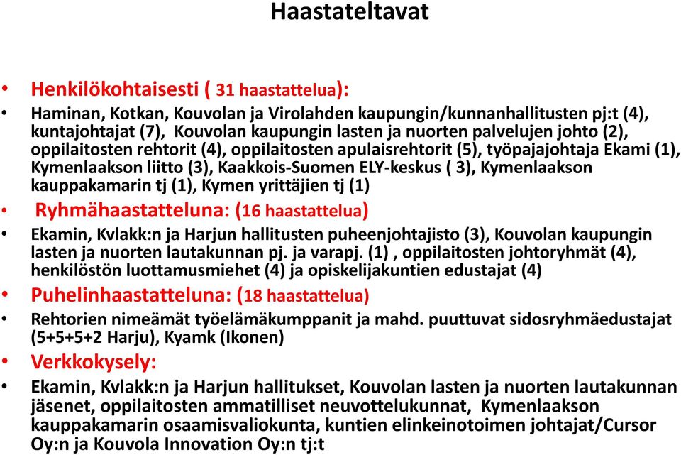 yrittäjien tj (1) Ryhmähaastatteluna: (16 haastattelua) Ekamin, Kvlakk:n ja Harjun hallitusten puheenjohtajisto (3), Kouvolan kaupungin lasten ja nuorten lautakunnan pj. ja varapj.