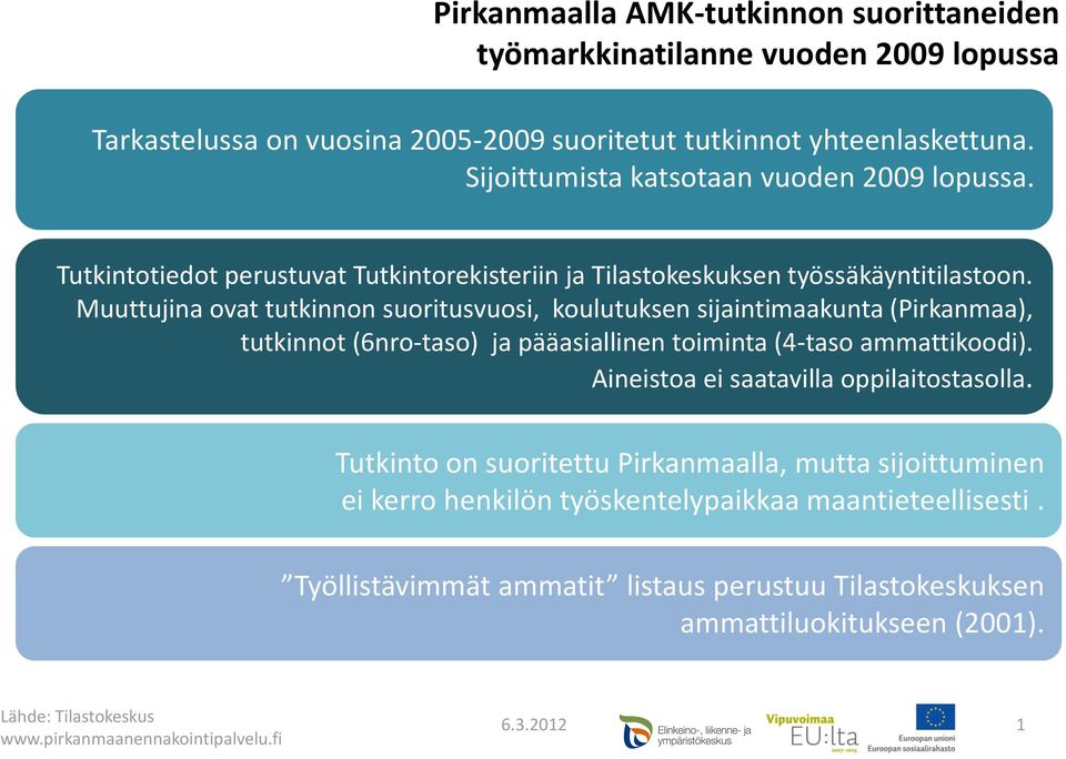 Muuttujina ovat tutkinnon suoritusvuosi, koulutuksen sijaintimaakunta (Pirkanmaa), tutkinnot (6nro-taso) ja pääasiallinen toiminta (4-taso ammattikoodi).