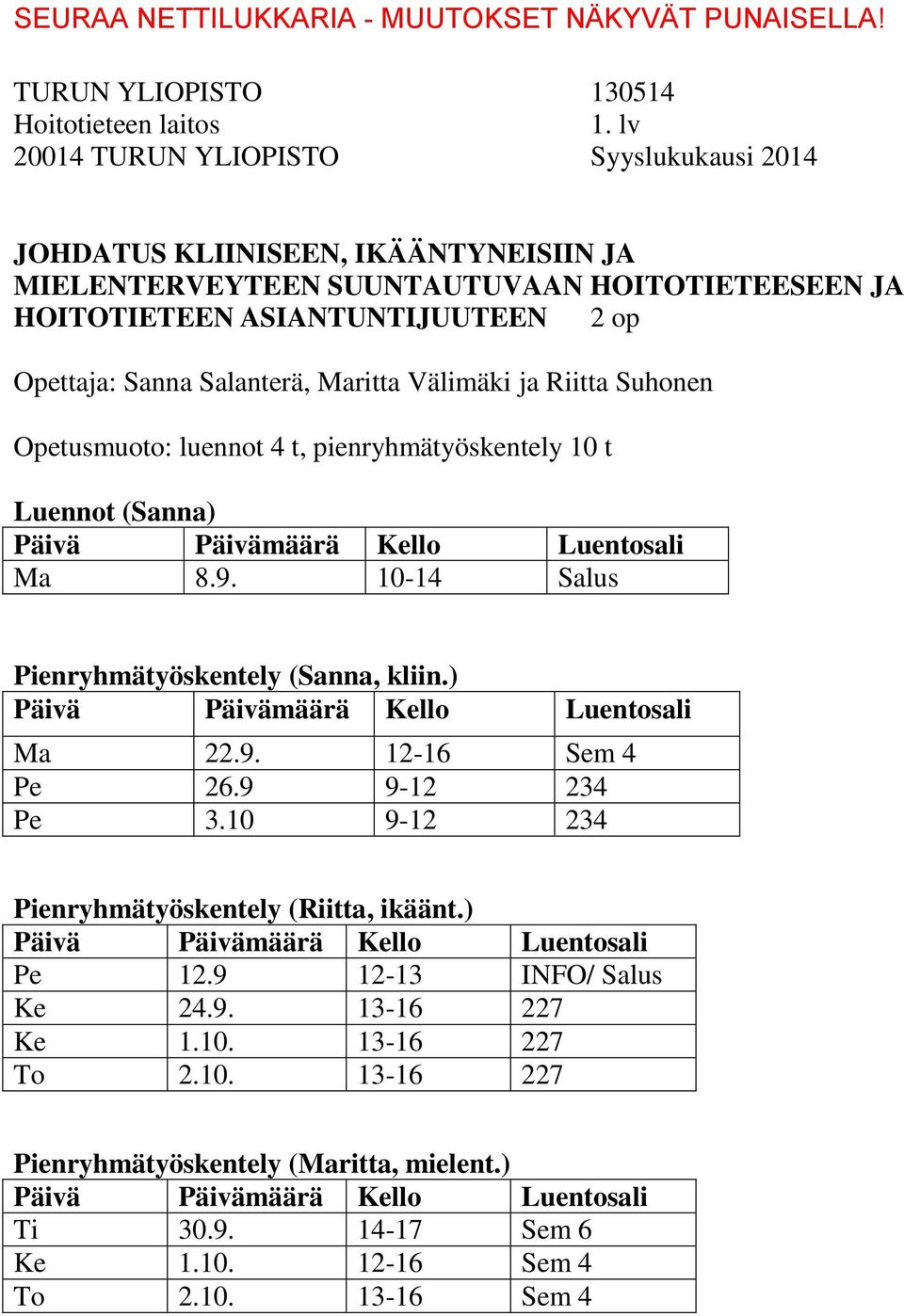 10-14 Salus Pienryhmätyöskentely (Sanna, kliin.) Ma 22.9. 12-16 Sem 4 Pe 26.9 9-12 234 Pe 3.10 9-12 234 Pienryhmätyöskentely (Riitta, ikäänt.) Pe 12.