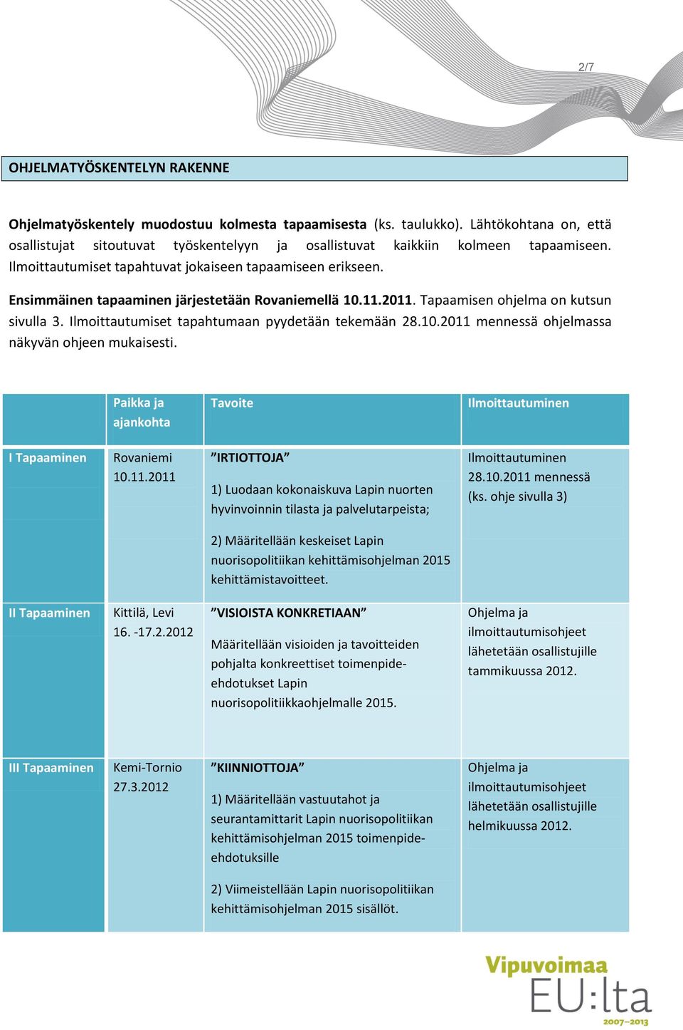 Ensimmäinen tapaaminen järjestetään Rovaniemellä 10.11.2011. Tapaamisen ohjelma on kutsun sivulla 3. Ilmoittautumiset tapahtumaan pyydetään tekemään 28.10.2011 mennessä ohjelmassa näkyvän ohjeen mukaisesti.