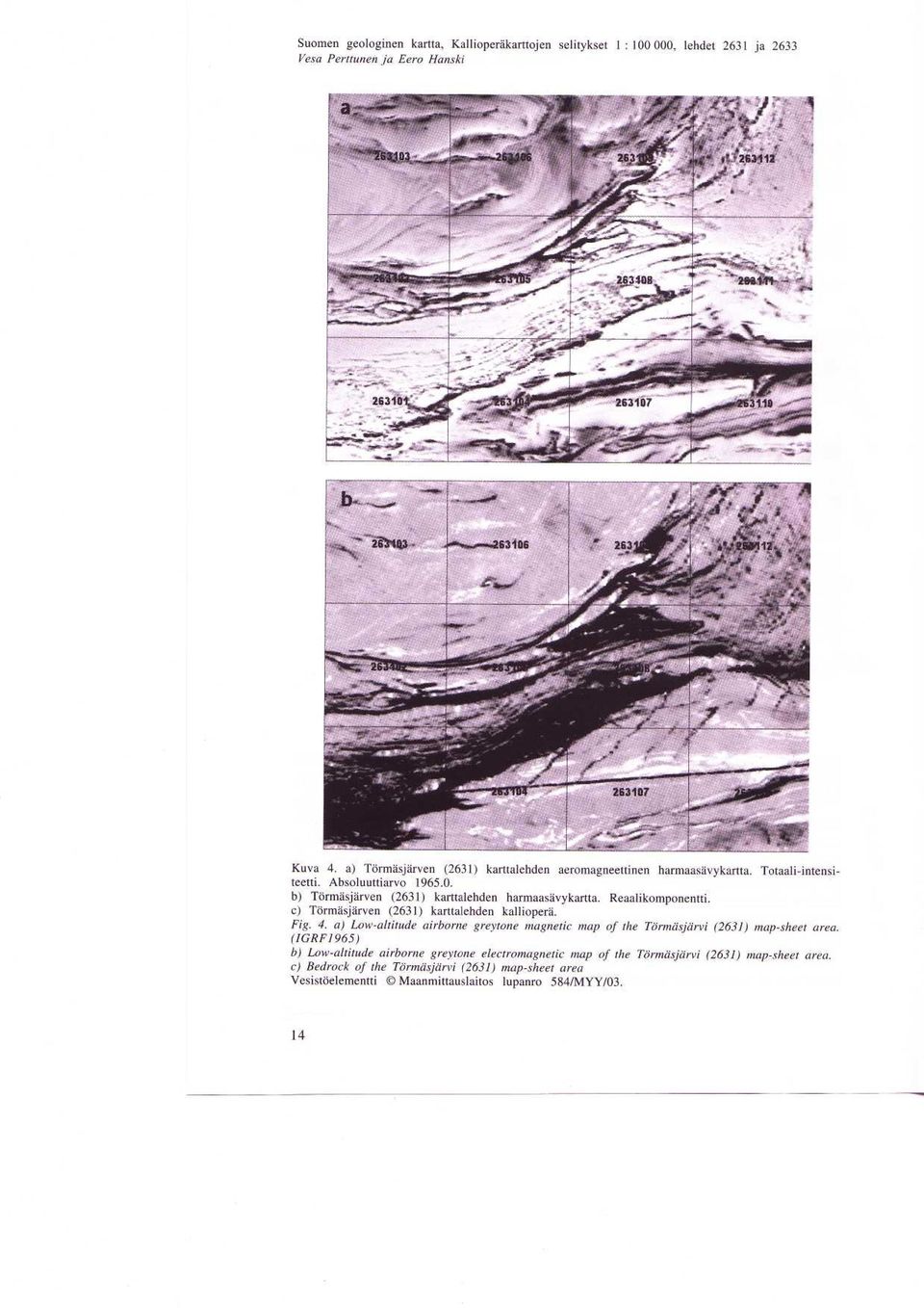 Reaalikomponentti. c) Tormasjarven (2631) karttalehden kalliopera. Fig. 4. a) Low-altitude airborne greytone magnetic map of the Tormasjarvi (2631) map-sheet area.