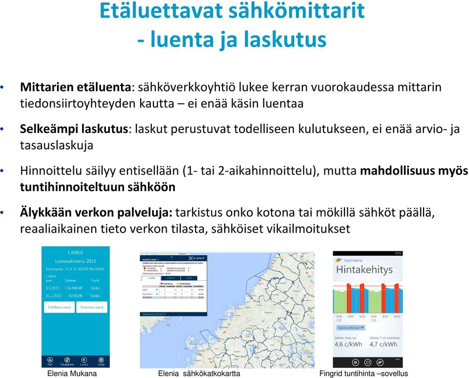 entisellään (1-tai 2-aikahinnoittelu), mutta mahdollisuus myös tuntihinnoiteltuun sähköön Älykkään verkon palveluja: tarkistus onko kotona tai