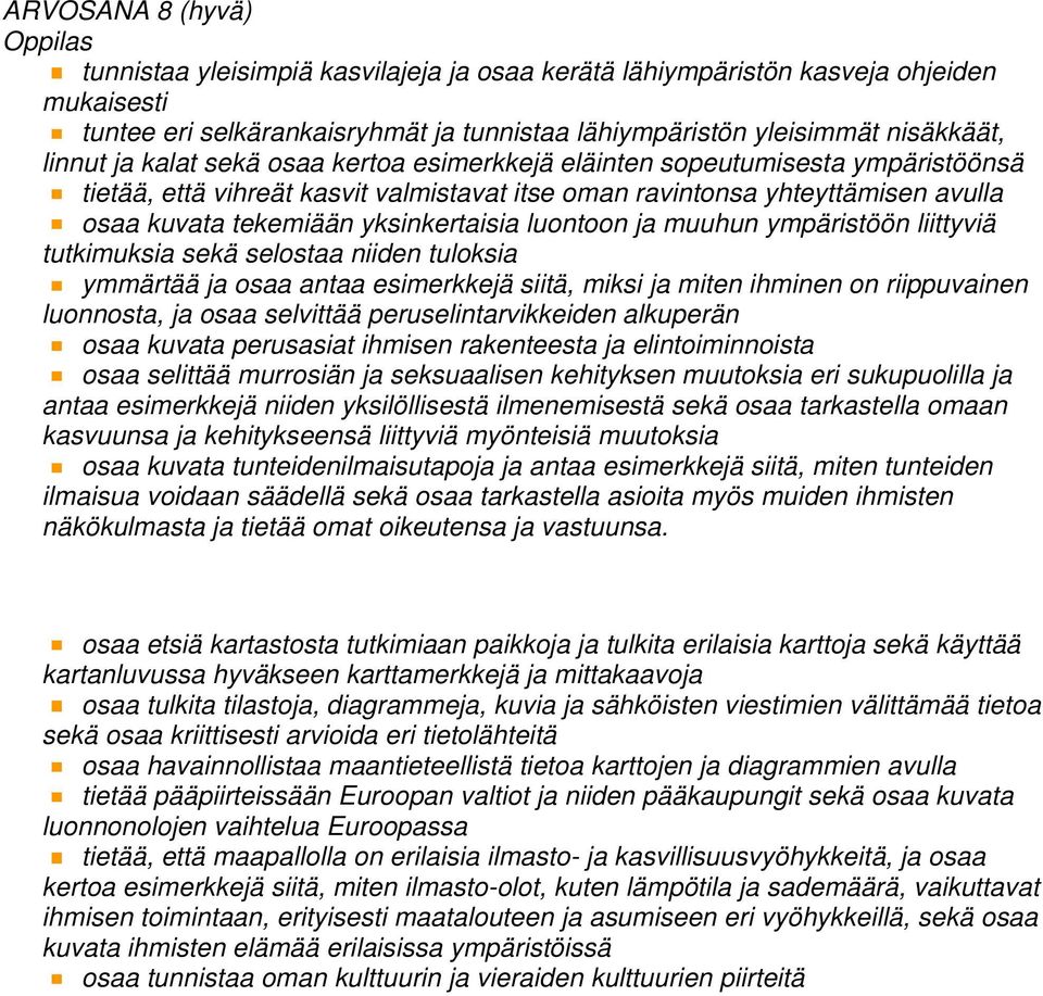 luontoon ja muuhun ympäristöön liittyviä tutkimuksia sekä selostaa niiden tuloksia ymmärtää ja osaa antaa esimerkkejä siitä, miksi ja miten ihminen on riippuvainen luonnosta, ja osaa selvittää