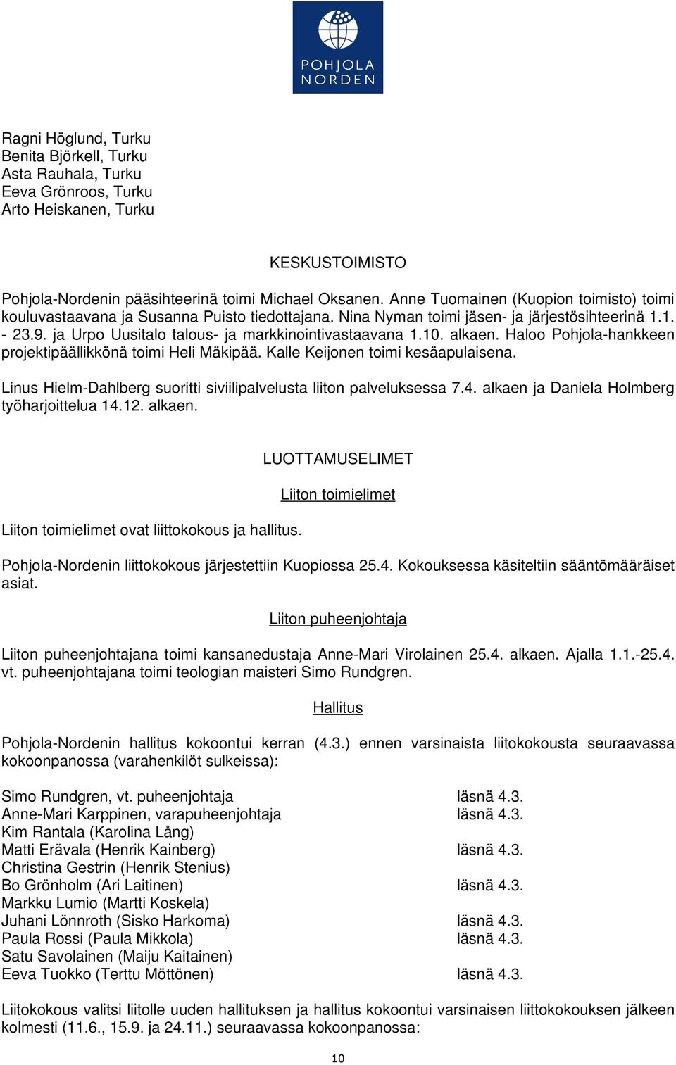 10. alkaen. Haloo Pohjola-hankkeen projektipäällikkönä toimi Heli Mäkipää. Kalle Keijonen toimi kesäapulaisena. Linus Hielm-Dahlberg suoritti siviilipalvelusta liiton palveluksessa 7.4.