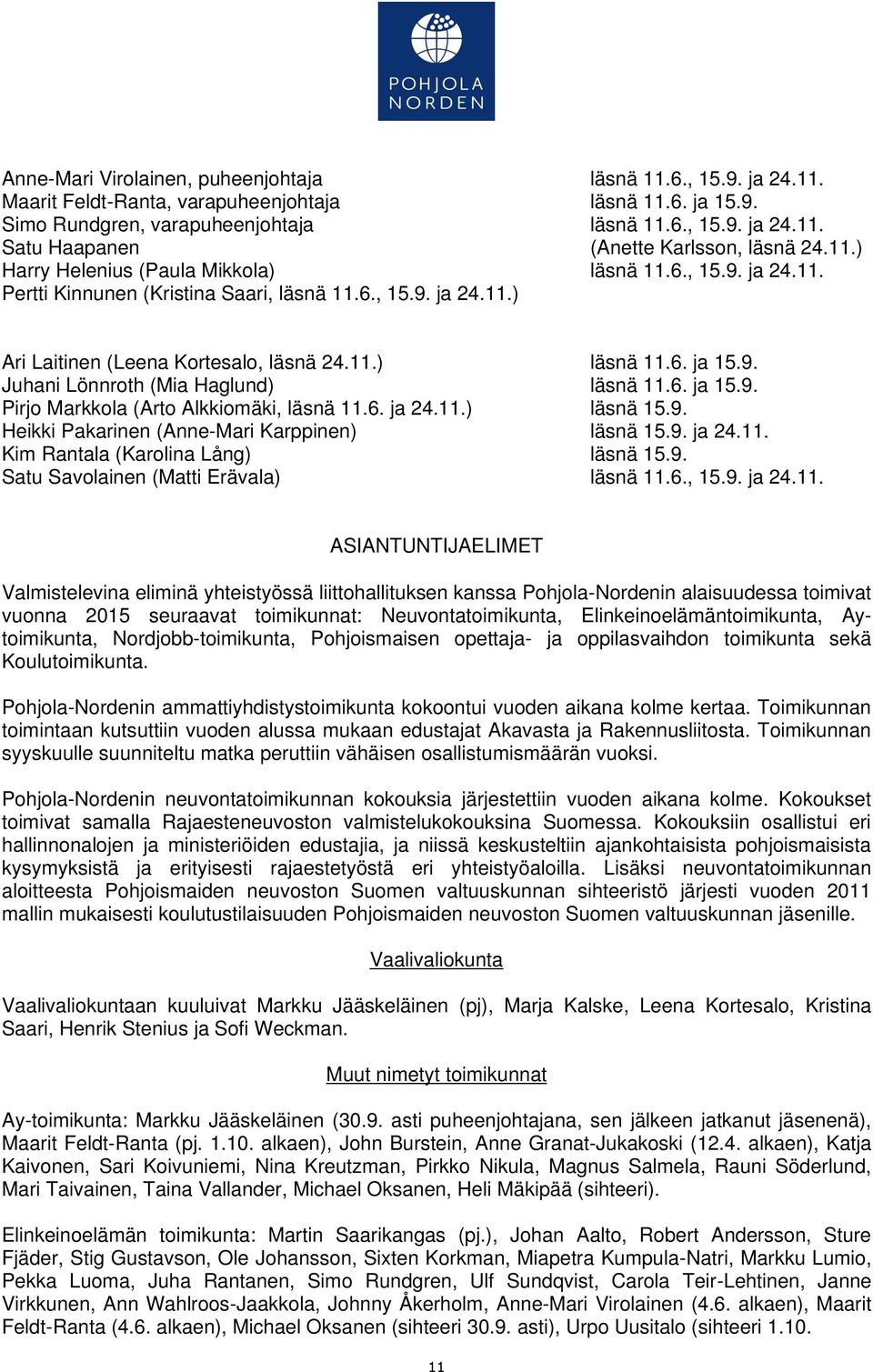 6. ja 15.9. Pirjo Markkola (Arto Alkkiomäki, läsnä 11.6. ja 24.11.) läsnä 15.9. Heikki Pakarinen (Anne-Mari Karppinen) läsnä 15.9. ja 24.11. Kim Rantala (Karolina Lång) läsnä 15.9. Satu Savolainen (Matti Erävala) läsnä 11.