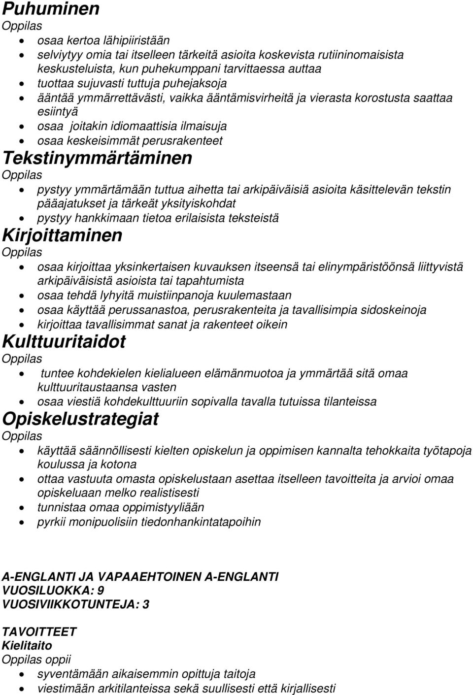 aihetta tai arkipäiväisiä asioita käsittelevän tekstin pääajatukset ja tärkeät yksityiskohdat pystyy hankkimaan tietoa erilaisista teksteistä osaa kirjoittaa yksinkertaisen kuvauksen itseensä tai