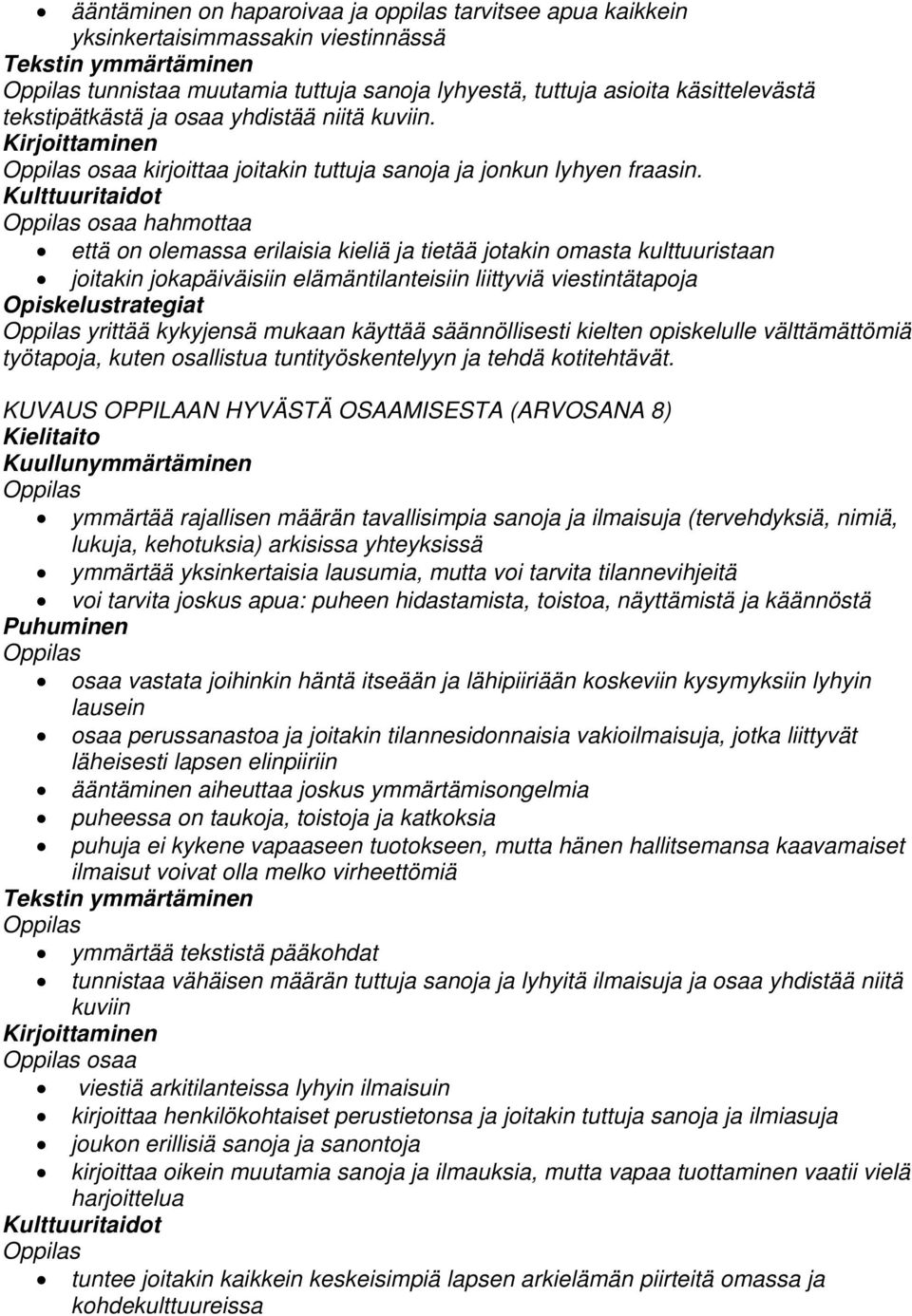 osaa hahmottaa että on olemassa erilaisia kieliä ja tietää jotakin omasta kulttuuristaan joitakin jokapäiväisiin elämäntilanteisiin liittyviä viestintätapoja yrittää kykyjensä mukaan käyttää