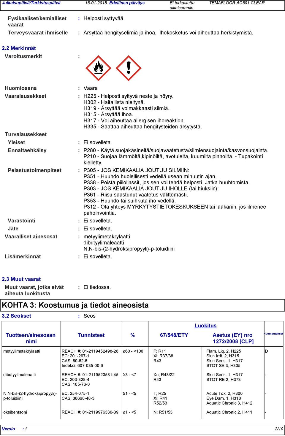 neste ja höyry. H302 - Haitallista nieltynä. H319 - Ärsyttää voimakkaasti silmiä. H315 - Ärsyttää ihoa. H317 - Voi aiheuttaa allergisen ihoreaktion. H335 - Saattaa aiheuttaa hengitysteiden ärsytystä.