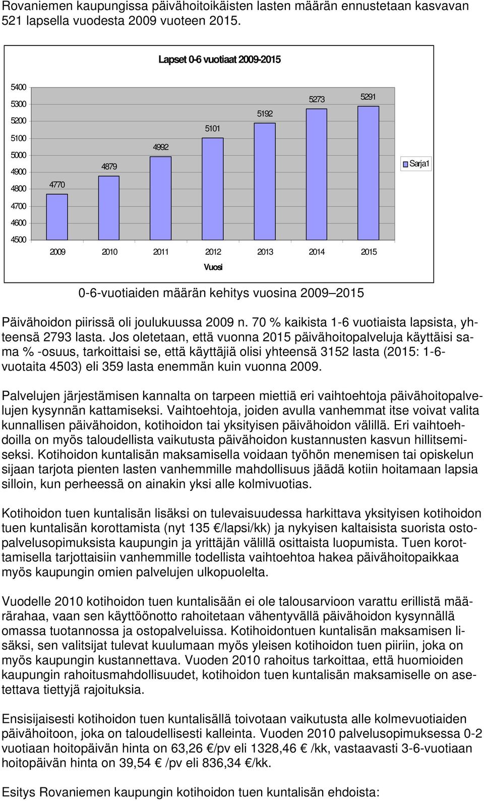 vuosina 2009 2015 Päivähoidon piirissä oli joulukuussa 2009 n. 70 % kaikista 1-6 vuotiaista lapsista, yhteensä 2793 lasta.