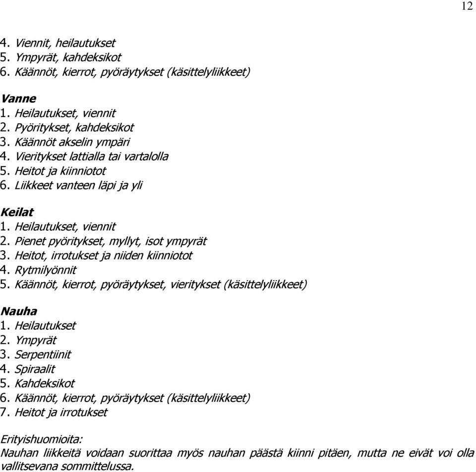 Heitot, irrotukset ja niiden kiinniotot 4. Rytmilyönnit 5. Käännöt, kierrot, pyöräytykset, vieritykset (käsittelyliikkeet) Nauha 1. Heilautukset 2. Ympyrät 3. Serpentiinit 4. Spiraalit 5.