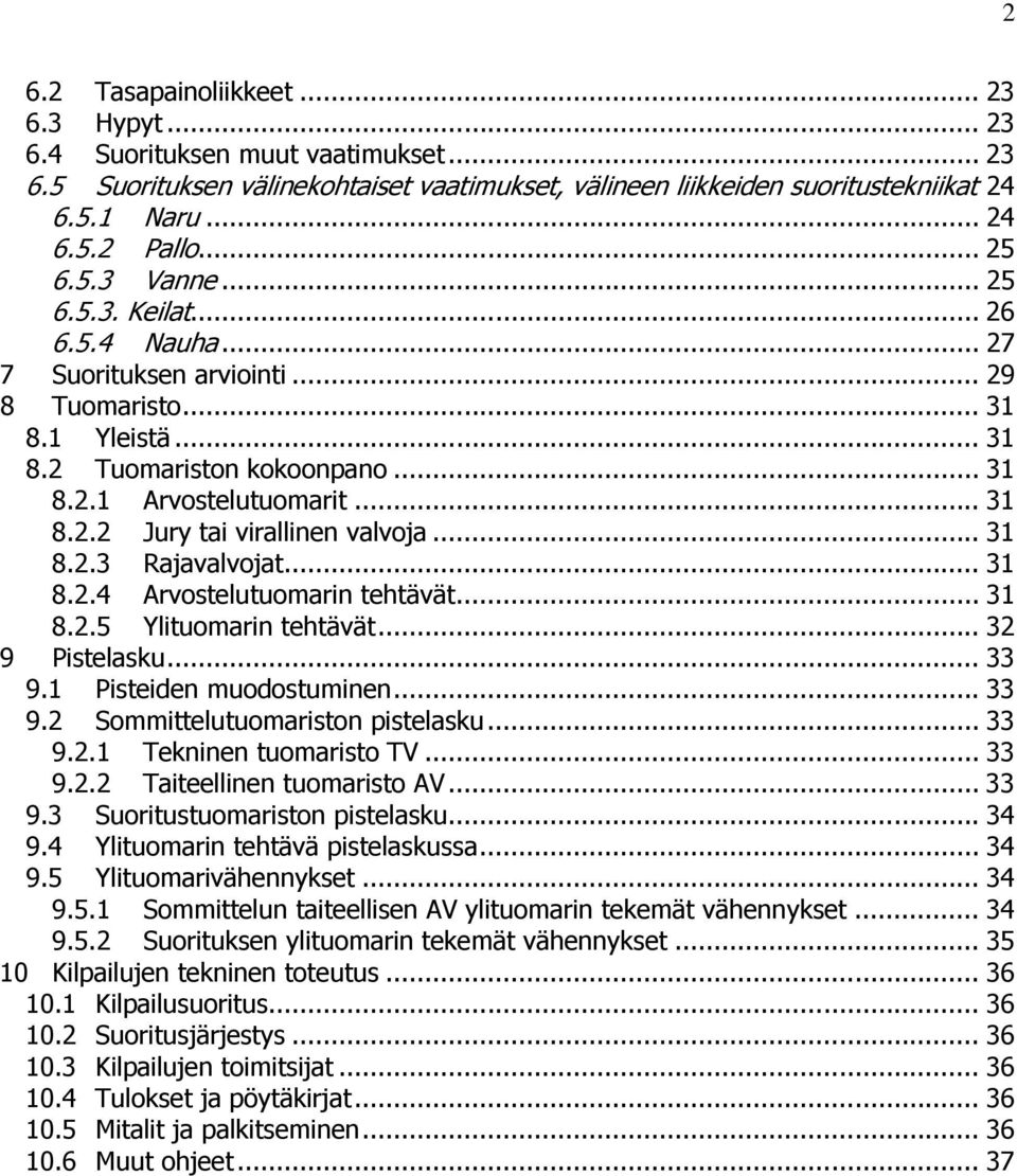 .. 31 8.2.3 Rajavalvojat... 31 8.2.4 Arvostelutuomarin tehtävät... 31 8.2.5 Ylituomarin tehtävät... 32 9 Pistelasku... 33 9.1 Pisteiden muodostuminen... 33 9.2 Sommittelutuomariston pistelasku... 33 9.2.1 Tekninen tuomaristo TV.